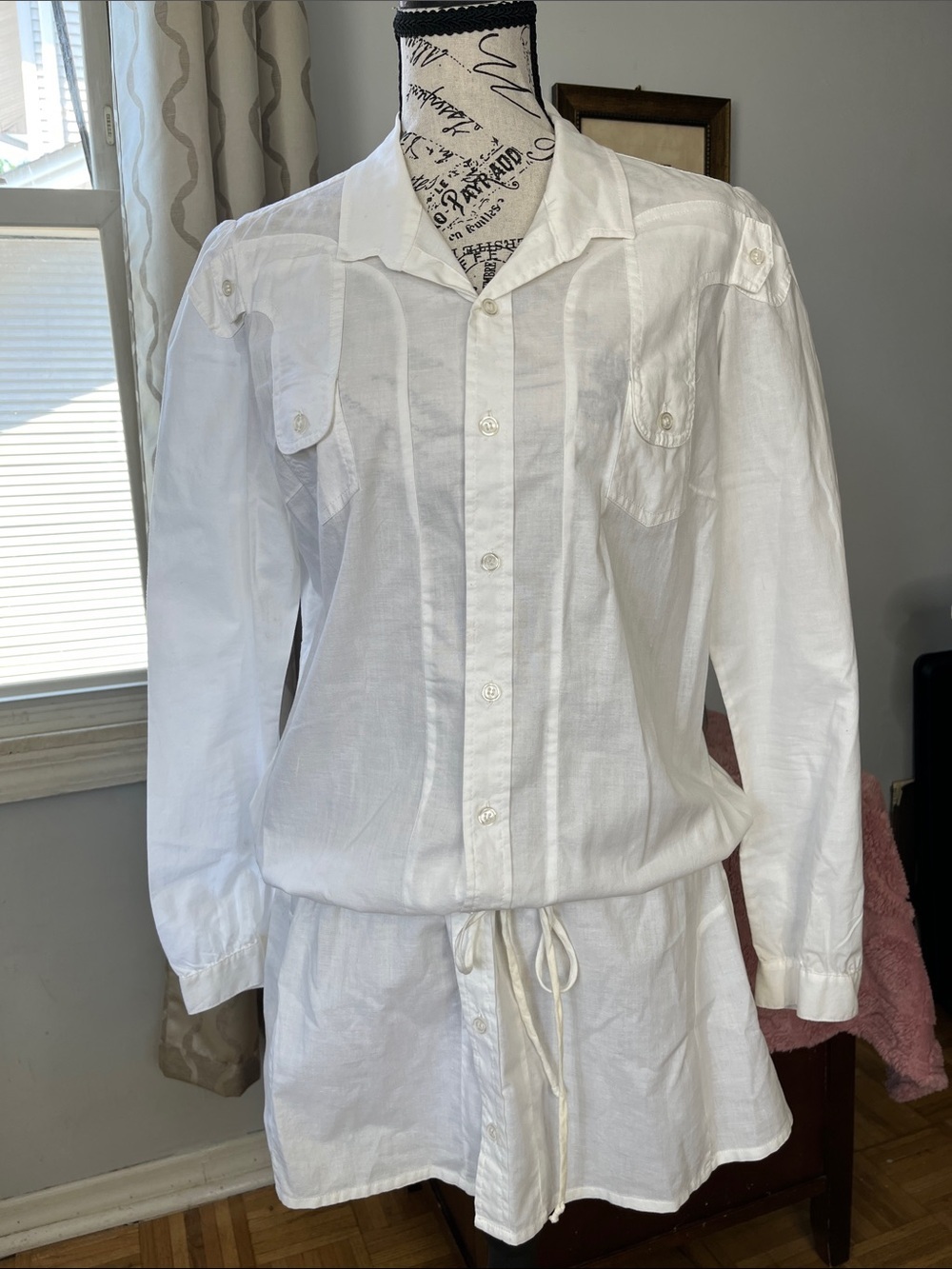 White summer Tennis Schoolgirl Long Sleeve Dress Size M With Drawstring.